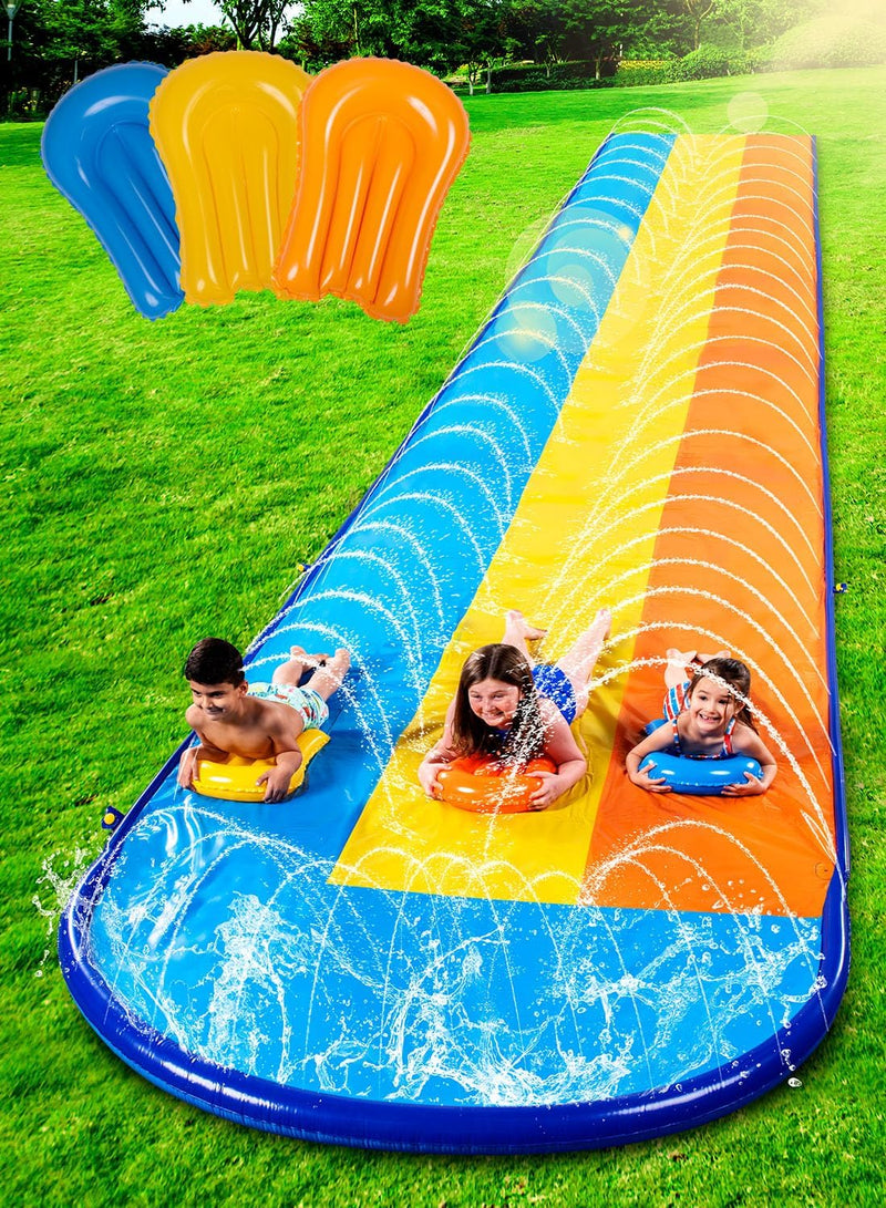 Sloosh Triple Water Slide with 3 BodyBoards, 22.5FT Lawn Water Splash Slip and Slide Summer Toy Splash Pad with Build in Advanced Sprinkler for Kids Adults Backyard Summer Water Fun G1447