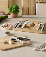Kitchen Tool Set - Five-piece essential kitchen items - Made of stainless steel - Includes can opener, pizza cutter, garlic press, ice cream scoop, vegetable peeler and storage organizer box