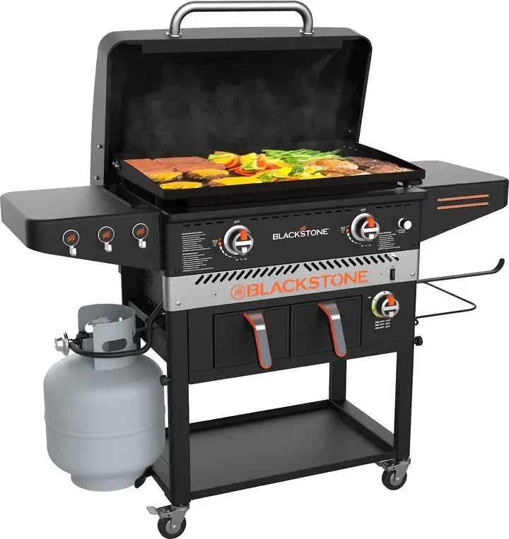 1962 Air Fryer Combo & Two Burners Stainless Steel Gas Hood, Wheels, Two Side Shelf – Heavy Duty Outdoor Griddle Station for Backyard, Patio, 28 inch Black I3485