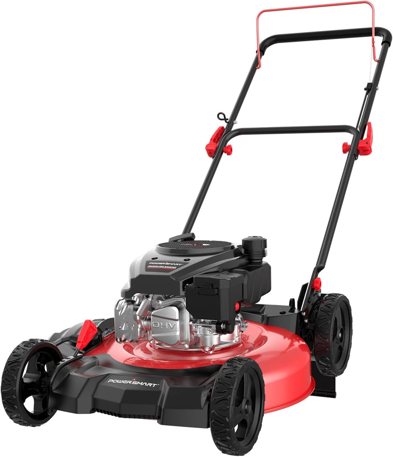 21-inch gas-powered lawn mower, equipped with a 144cc four-stroke all-terrain engine, featuring both crushing and side-discharge functions, with adjustable cutting height ranging from 6 positions. A3068