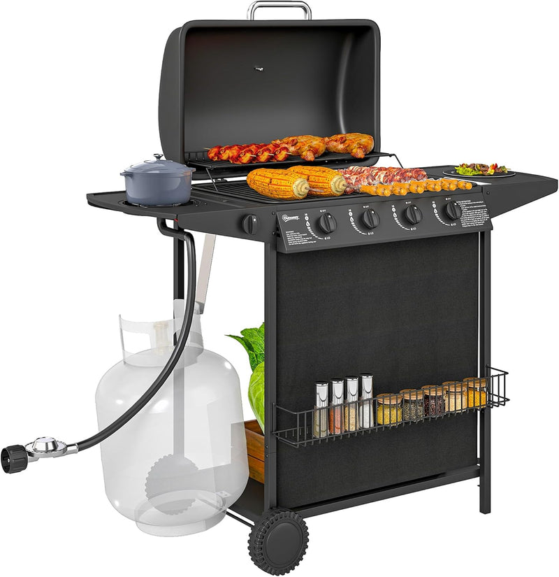 4 1 Burner Propane Gas BBQ Grill, Portable Gas Barbecue Grill with Side Burner, Thermometer, Lid, Side Table, Shelf, Spice Rack, Wheels, Grease Cup for Garden, Black Z3824