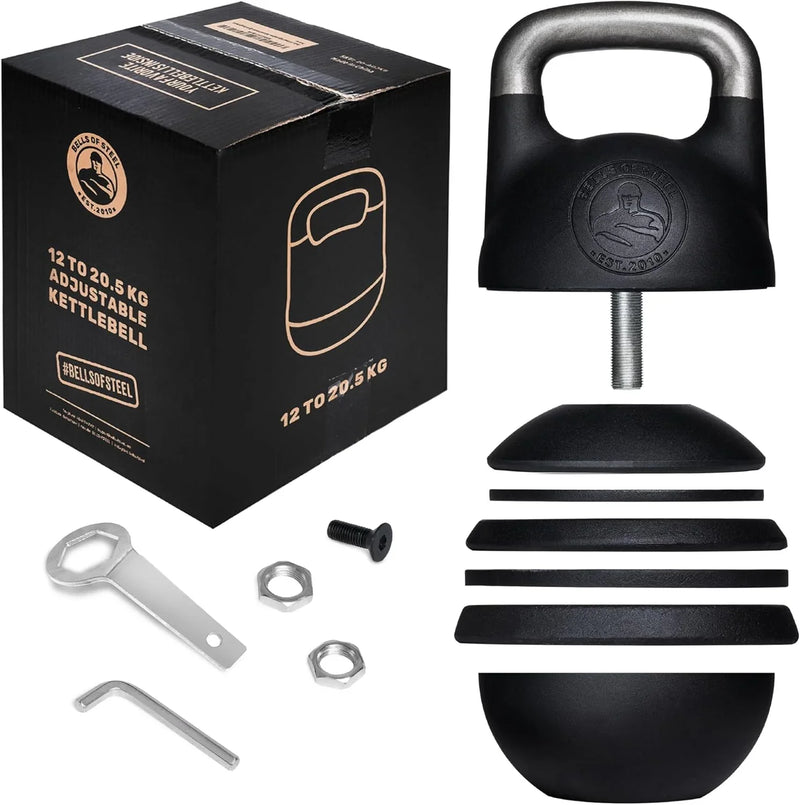 Adjustable Kettlebell Set [Bells of Steel] Kettle Bell Weight Set, Steel Shell, Internally-Loaded for Full Body Workouts, Competition Standard 35mm Handle, 12-20.5kg D1976
