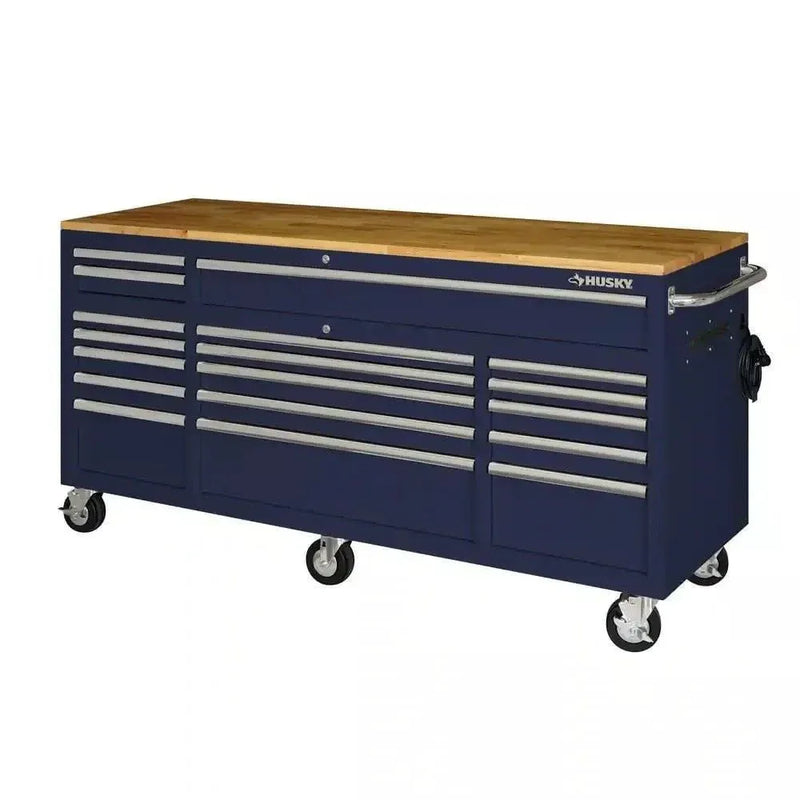 Husky 72 in. 18-Drawer Mobile Workbench with Solid Wood Top in Gloss Blue N7938