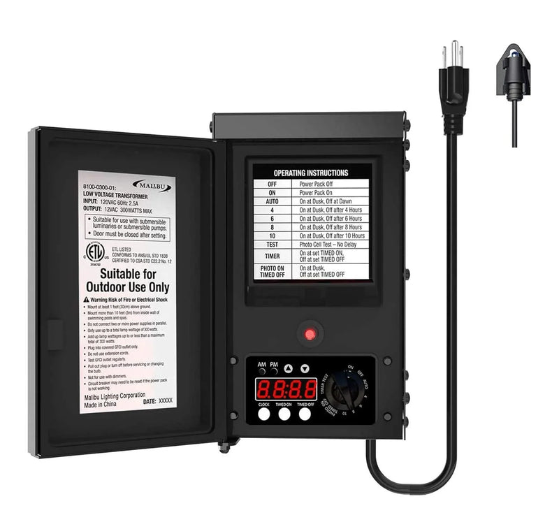 600W low-voltage transformer, outdoor landscape lighting transformer, 120V AC to 12V AC conversion, equipped with sensor and rain cover, suitable for garden LED lighting, spotlights, sidewalk lights F7731