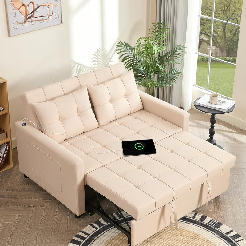 52" Sleeper Sofa with Pull-Out Bed, 3-in-1 Convertible Sofa Bed, Loveseat with Adjustable Backrest and Side Pocket, Room Apartment, Linen, Dark Grey I7526