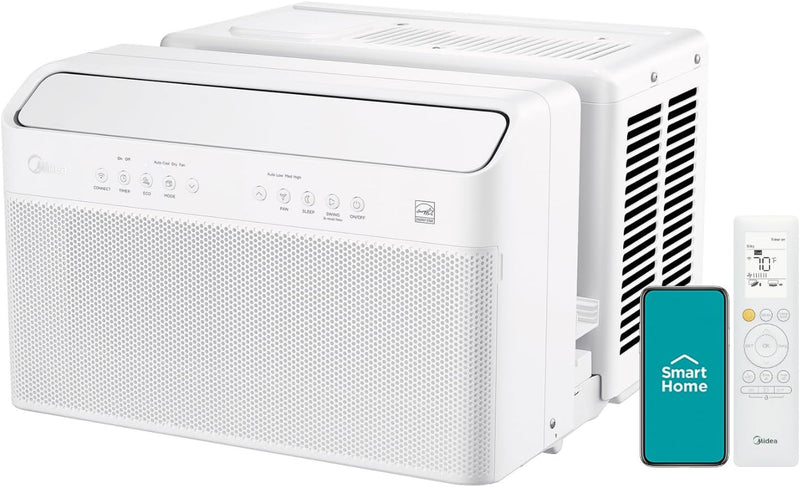 8,000 BTU U Shaped Smart Inverter Window Air Conditioner, Cools up to 350 Sq. Ft., Ultra Quiet with Open Window Flexibility, Works with Alexa/Google Assistant, 35% Energy Savings, Remote Control F7034