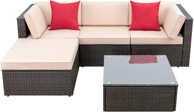 5 Pieces Patio Furniture Sets All Weather Outdoor Sectional Patio Sofa Manual Weaving Wicker Rattan Patio Seating Sofas with Cushion and Glass Table(Beige) Z8083