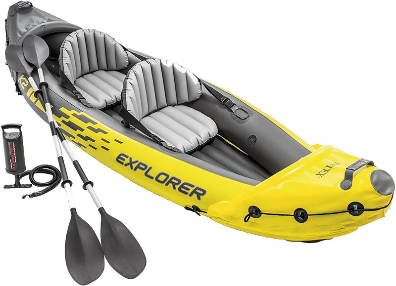 Explorer K2 Inflatable Kayak Set: Includes luxurious 86-inch aluminum paddle and high-output pump - extremely durable PVC material - adjustable seat with backrest - suitable for two people - maximum weight capacity 400 pounds L3209