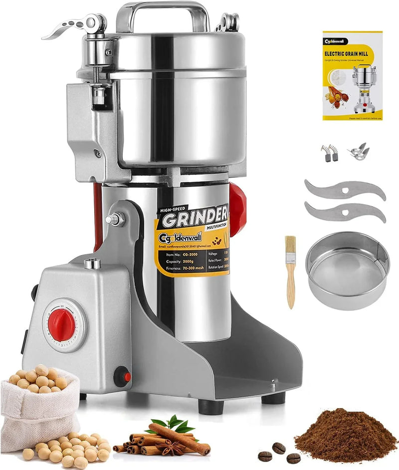 Electric Grain Grinder - Safety Enhanced Version 3600 watts - High-speed Spice and Herbal Grinder - Commercial-grade Ultra-fine Machine - Dry Grain Crusher - CE 110V (2500 grams swing type) J3230