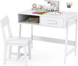 Kids Desk and Chair Set, Wooden Children School Study Table and Chair w/Storage Drawer & Hutch, Student Writing Desk Computer Workstation for Bedroom, Gift for 3 Years Old (White)