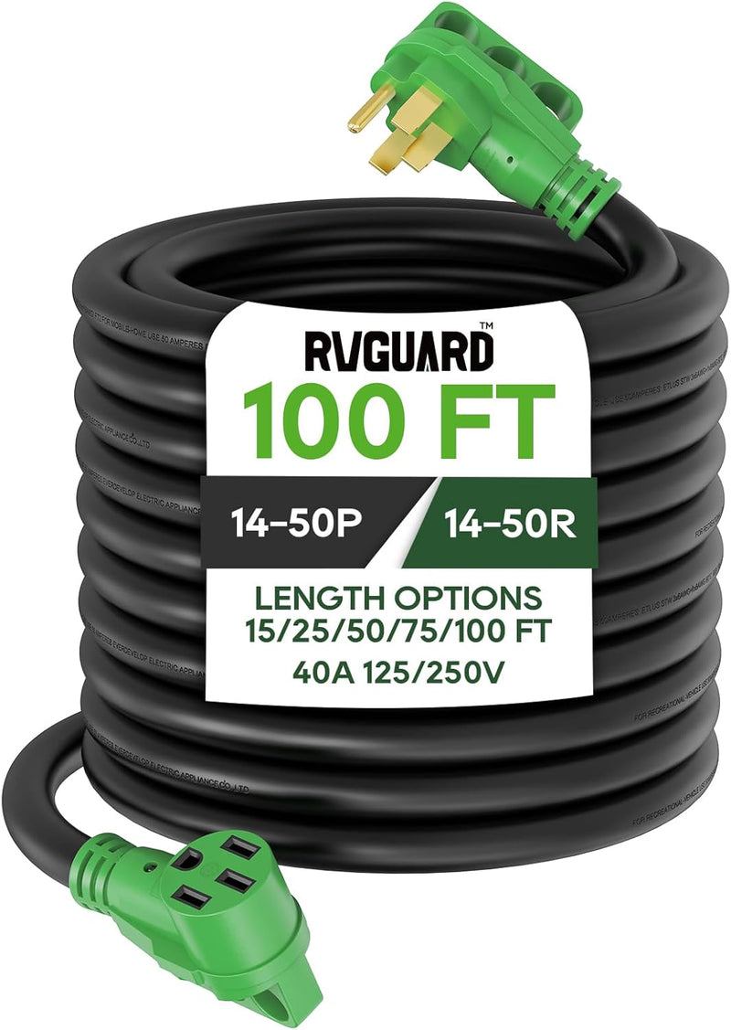 40 Amp 100 Foot RV/EV Extension Cord, NEMA 14-50P/R Heavy Duty Extension Cord with LED Power Indicator and Cord Organizer, Green B3980