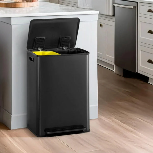 CAPHAUS Dual Trash Can with Double Lid, Trash and Recycle Bins Combo, Hands-free Stainless-Steel Garbage Can for Kitchen, with 2 Compartment, Hinged Lid, Odor Filters, Handles, 25L 25L, 2 x 6.6 Gallon X5541