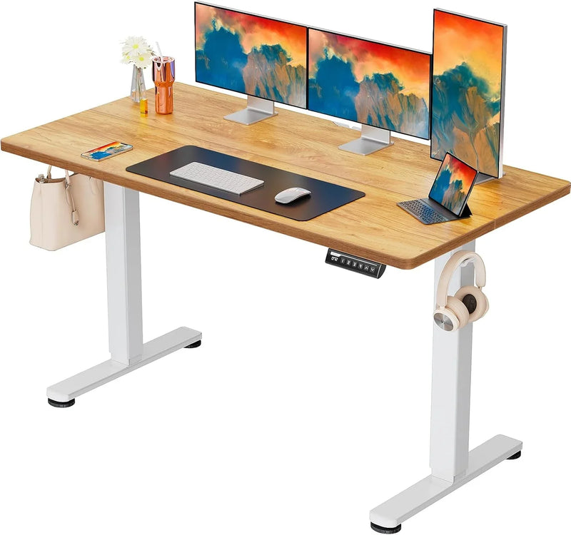 Height Adjustable Electric Standing Desk, 40 x 24 Inches Sit Stand up Desk, Small Memory Computer Home Office Desk with Two-Piece Desktop (Light Vintage Brown) R7727