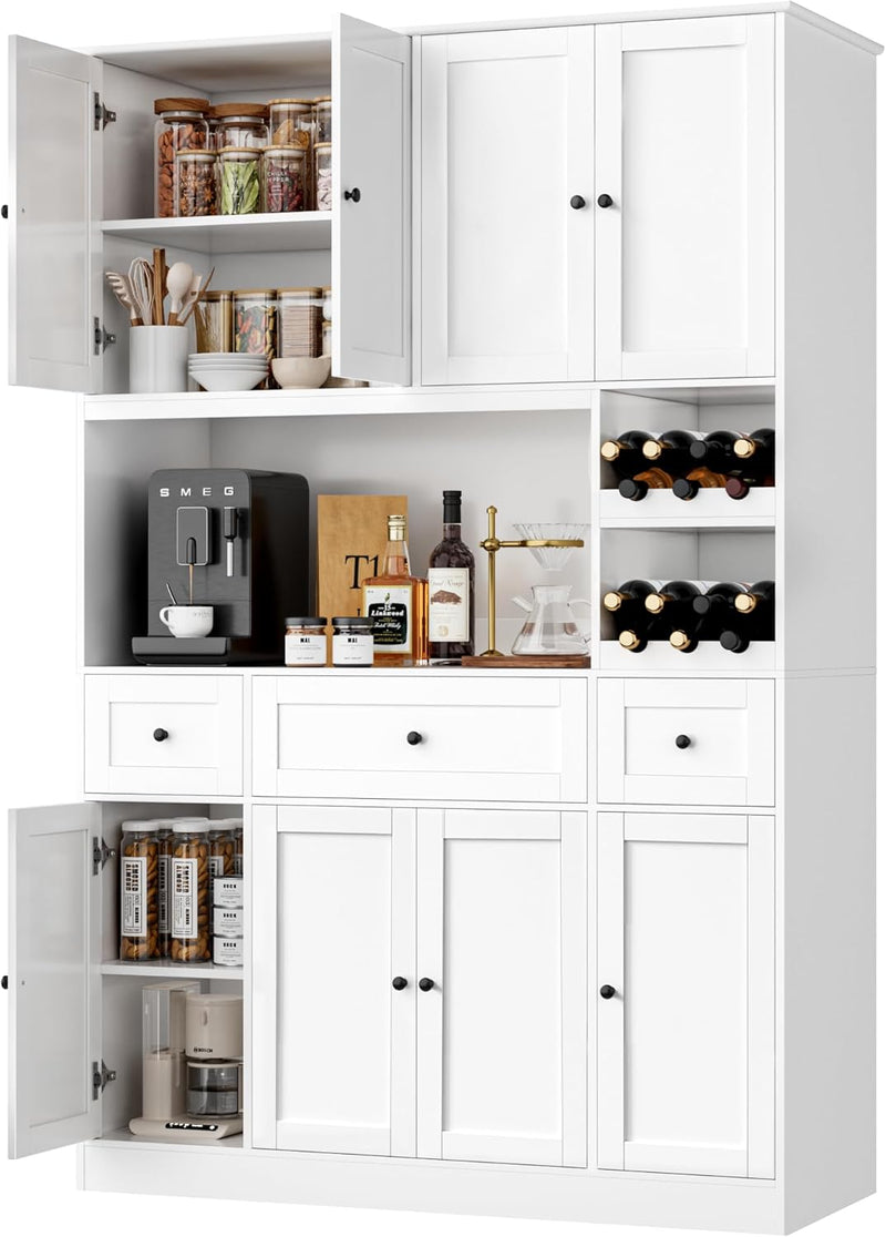 72" Tall Kitchen Pantry with Wine Rack, Pantry Cabinet with Microwave Stand, Large Hutch with Ample Storage, Hutch Cabinet for Kitchen, Dining, Living Room, White C3482