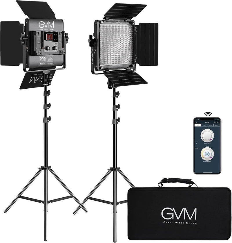 2 Pack LED Video Lighting Kits with APP Control, Bi-Color Variable 2300K~6800K with Digital Display Brightness of 10~100% for Video Photography, CRI97 TLCI97 Led Video Light Panel Barndoor E5496