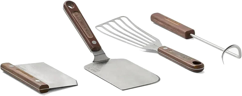 4-piece frying pan set - includes frying pan spatula, workbench scraper, fish spatula and pigtail flipper - brown linen micro-carbon fiber handle V1674