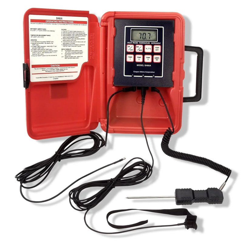A thermoresistance thermometer with a liquid crystal display, in a red color, with a temperature range of -40°F to 300°F. C2424
