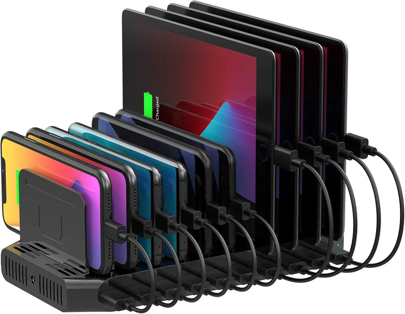 A charging interface station with 10 USB fast charging ports and adjustable partitions, suitable for charging multiple devices such as iPads, iPhones, tablets and mobile phones - 5-piece set, black O490