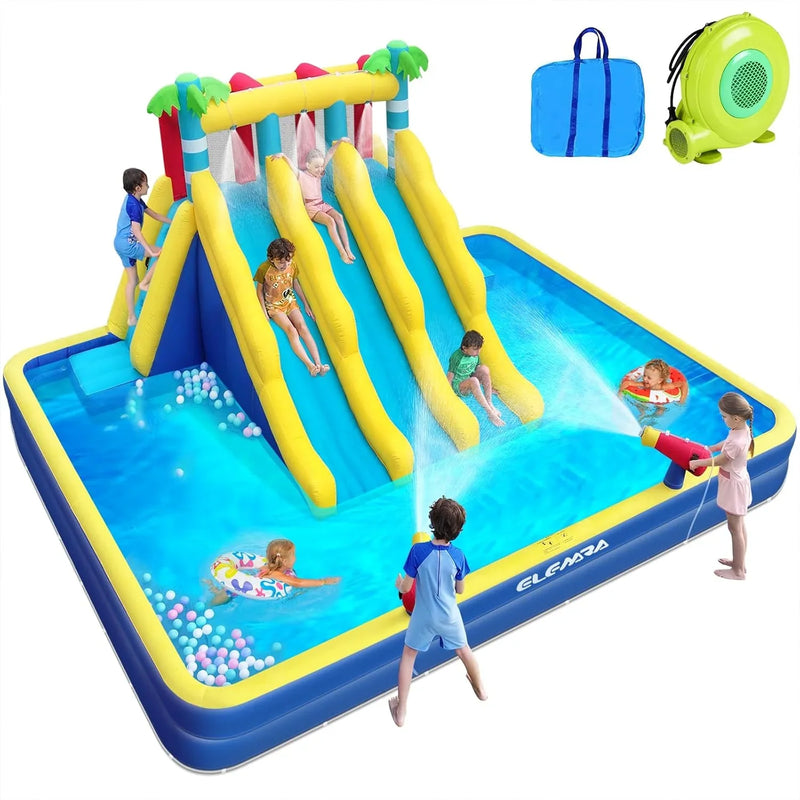 20.66x16.4FT Inflatable Water Slide for Big Kids, Water Park for Kids Backyard with Large Double-Layer Pool,3 Extra-Long Slides,Climbing Wall, 2 Water Cannons, Water Spraying, 750W Air Blower V2723