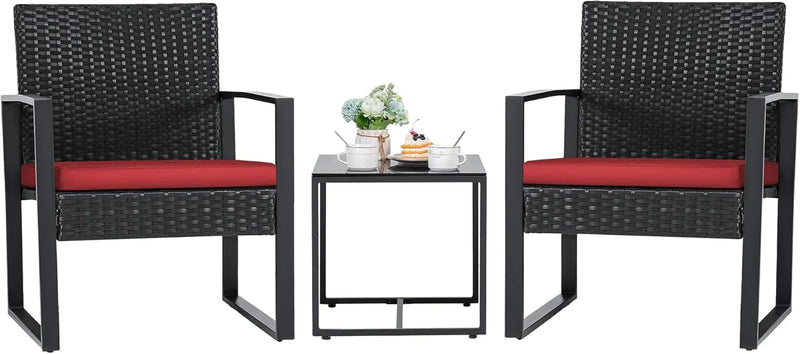 3 Pieces Patio Set Outdoor Wicker Furniture Sets Modern Rattan Chair Conversation Sets with Coffee Table for Yard and Bistro (Black) L7137