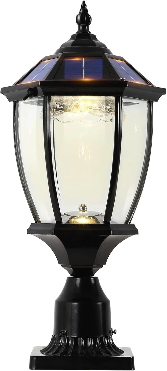 2-Heads Outdoor Solar Lamp Post Lights with Dusk to Dawn Sensor, Classic Exterior Solar Pole Lights with Waterproof, Black Street Lights with Clear Glass for Garden, Patio, Pathway, Driveway E4297