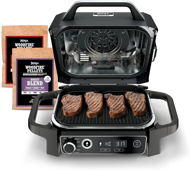 The wood-fire professional outdoor grill is equipped with an internal thermometer. It is a 7-in-one multi-functional grill, a barbecue smoker, an outdoor air fryer, featuring baking, roasting, dehydrating and grilling functions. It adopts X5569