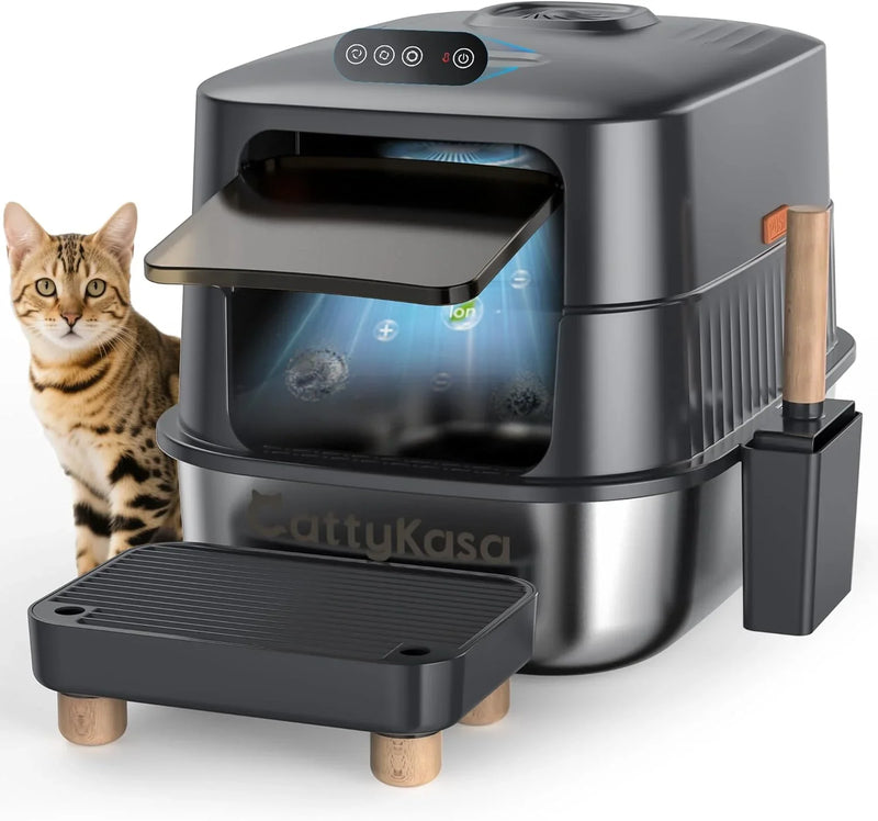 Stainless steel litter box, three-in-one enclosed high-sided litter box, equipped with a high lid, suitable for cats, anti-stick, anti-leak, easy to clean, with a scoop and filter step. L9438