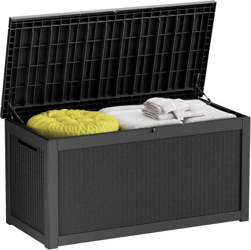 260-gallon large outdoor storage XL outdoor box, suitable for garden furniture, outdoor cushions, garden tools, sports equipment and pool supplies. Made of waterproof resin material, lockable, in gray color scheme. Z0434