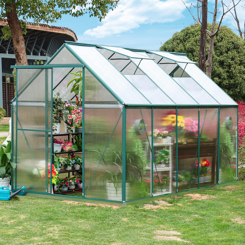 6'x10' Walk-in Greenhouse with 4mm 800G Polycarbonate Panels - Heavy-Duty Aluminum Frame, Wind/Snow Resistant for Gardening, Includes Sliding Door & Ventilation Windows (Green) L6530