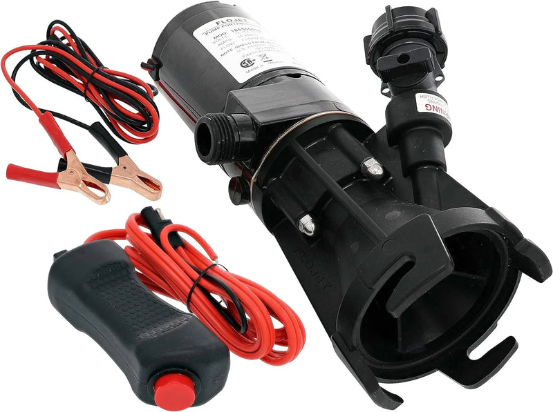 18555-000A - 12V DC waste pump, suitable for camper vans / motorhomes - Can empty a 40-gallon water tank in 5 minutes - Output flow rate 9 gallons per minute - 3/4 inch garden hose interface - Stainless steel grinder, self-priming, remote switch T6862
