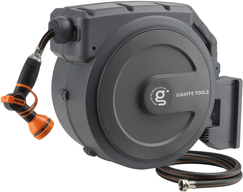 Tool-extendable garden hose reel, inner diameter 1/2 inch, length 155 inches, equipped with 5-foot extension hose, sturdy and durable, lockable at any length, slow retraction system, wall-mounted design, 180-degree rotating bracket L3303
