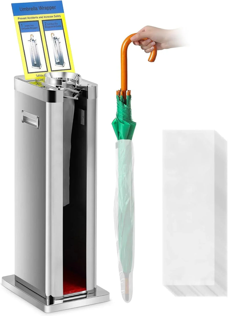 Automatic wet umbrella packaging machine, stainless steel single-slot umbrella bag distributor bracket, equipped with 1000 long umbrella bags and warning signs, suitable for commercial shopping centers, hotels, in silver color. X7395