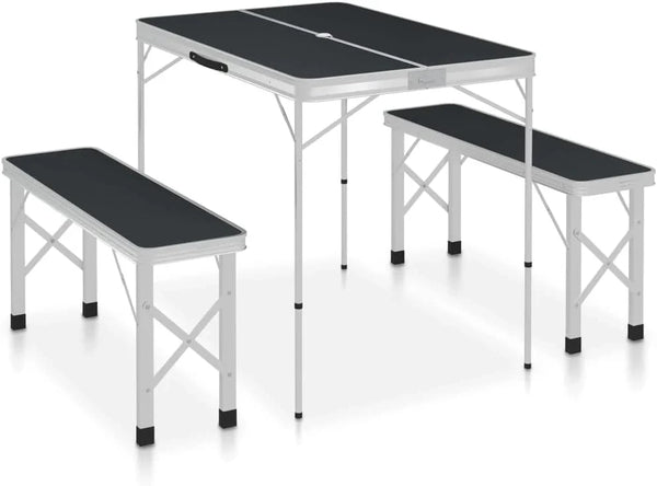 Folding Camping Table with 2 Benches Aluminium Grey,Item colourGrey and Silver X7514