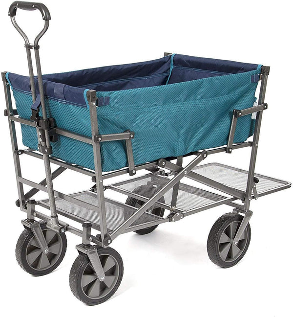 A foldable double-layer outdoor multi-functional truck, equipped with a long lower shelf, in blue-green color. A1105