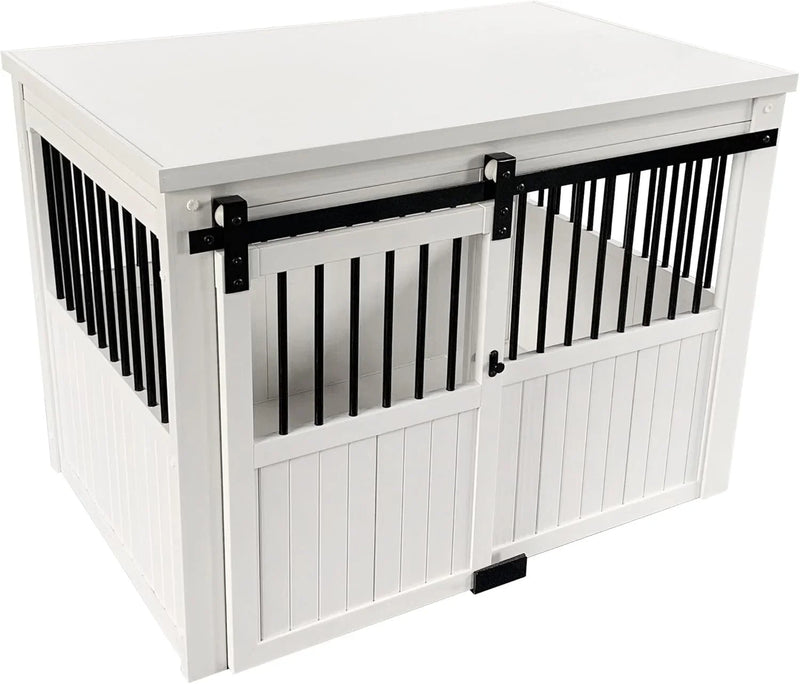 Farm sliding cowshed door furniture-style dog cage - antique white, large size. Unique style, durable and sturdy. Removable seat cushion. Easy to assemble. K8169