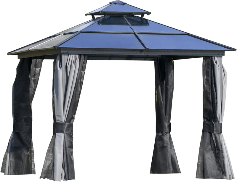 10 feet x 12 feet hard-top awning canopy, polycarbonate roof, aluminum frame, permanent outdoor awning, with net cover, suitable for patios, gardens, backyards, terraces, lawns, grasslands, light gray. G0553