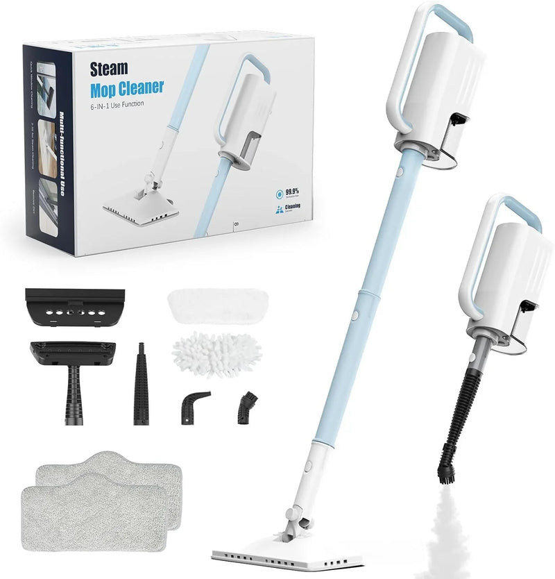 Steam Cleaner, 6 in1 Rotated Steam Mop Cleaner with 2 Modes, 2 Microfiber Pads, 400ML Removable Tank, 23FT Power Cable, Detachable Steam Mops for Floor, Laminate Floor, Tiles Cleaning (Light Blue) K9921