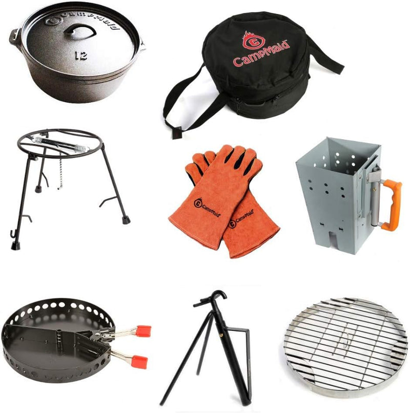 Outdoor Cooking Set - Dutch Oven and Tools Set - Charcoal Holder & Cast Iron Grill Accessories - Camping Grill Set - Outdoor Cooking Essentials - Camp Kitchen Equipment - (8 Piece Set) G4604