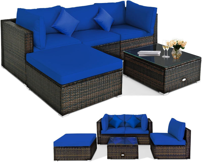 5 pieces of outdoor patio furniture, L-shaped rattan three-seater sofa with tempered glass coffee table, footstool, 3 single chairs, rattan outdoor party set, suitable for backyard, porch, balcony, black version I8793