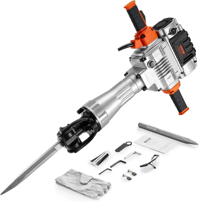 Electric demolition hammer, hydraulic crushing hammer, concrete crusher, heavy-duty electric hydraulic crushing hammer, equipped with chisel gloves and a 360-degree rotatable front handle, suitable for digging trenches and drilling holes (power 3500 J6625