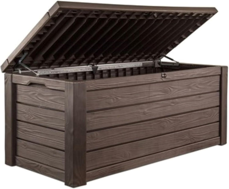 570-liter storage box, all-weather resin boat-shaped storage box, and stylish outdoor bench with piston-assisted lockable lid and side handles, dark coffee color version P7451