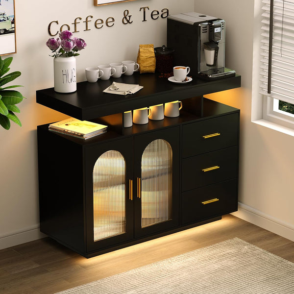 Bar Cabinet Kitchen Storage Cabinet with RGB Light, Human Sensor Design Sideboard Buffet Cabinets, Wood Coffee Bar Table with Shelf Capacity (Black) X1052