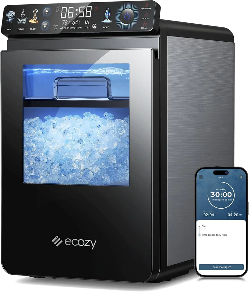 Nugget Ice Maker Countertop, Smart Pebble Ice Machine with APP Control, 44 lbs/24H Soft Pellet Chewable Ice with Self-Cleaning, Stainless Steel E2515