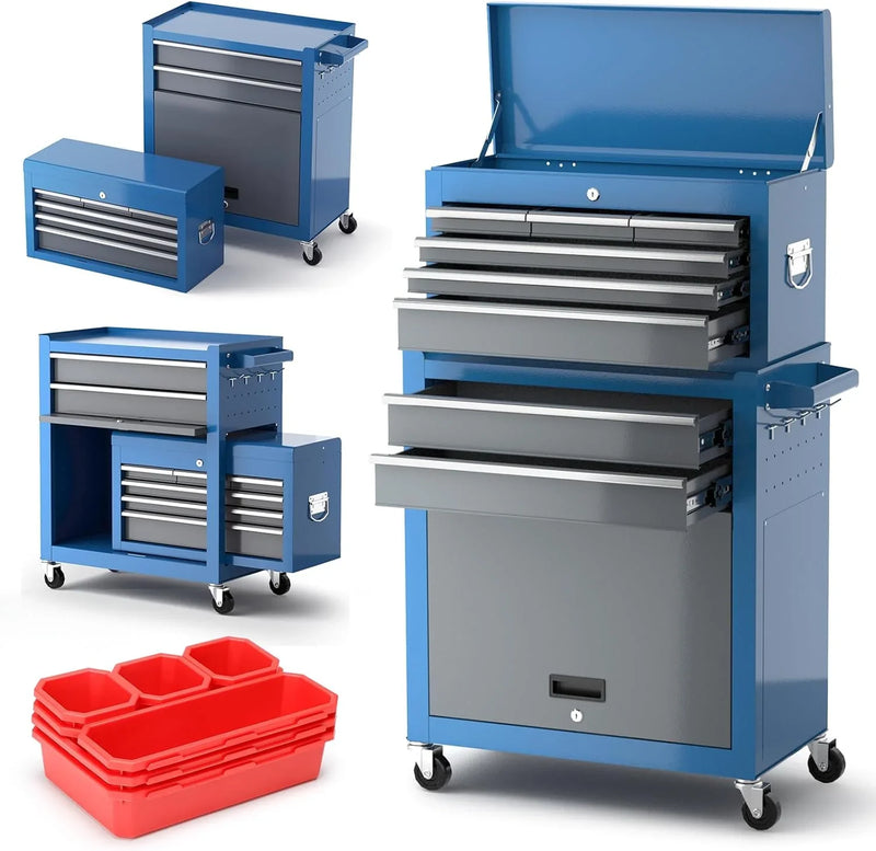 Tool Chest 8-Drawer | 42'' Large Rolling Tool Chest with Wheels | Detachable Top Metal Tool Box | Garage Storage Cabinet for Repair Room,storage area | Rolling Tool Box with Hooks,Liners,Tray Divider B6210