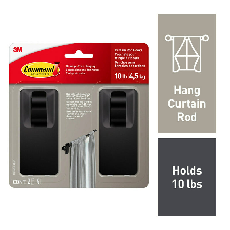 2-Piece 10-lb Matte Black Damage Free Curtain Rod Hooks T5467