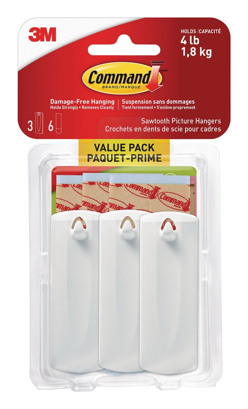 Adhesive Sawtooth Picture Hanging Hooks with Adhesive Strips, White, 4-lbs, 3 Strips per Pack P2404