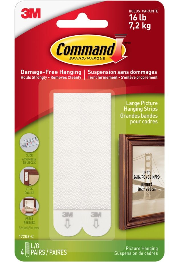 Large Adhesive Picture Hanging Strips, White, 16-lbs, 4 Strips per Pack V6978