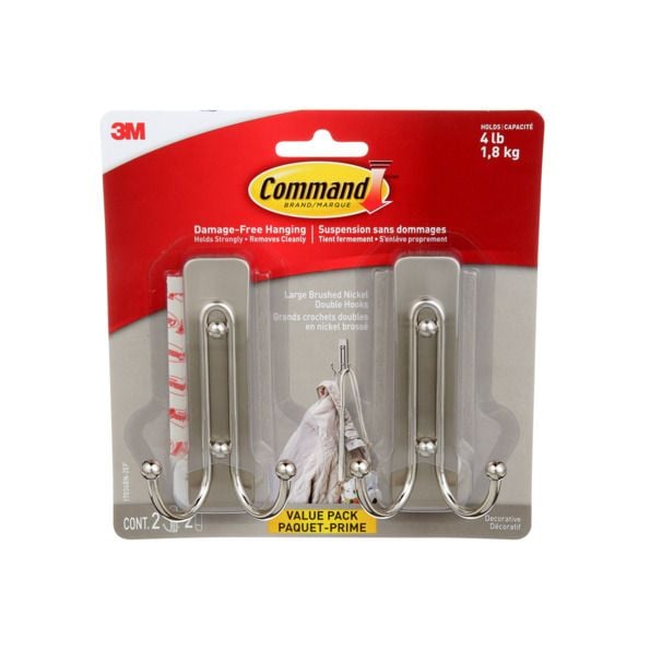 Large Decorative Double Hooks Value Pack with Adhesive Strips, Brushed Nickel, 4-lbs, 2 Strips per Pack R8055