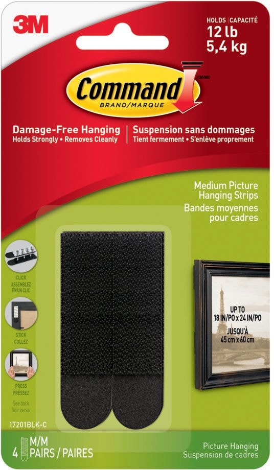 Medium Adhesive Picture Hanging Strips, Black, 12-lbs, 4 Strips Per Pack L7386