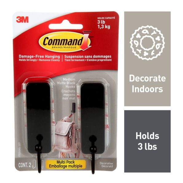 Medium Decorative Hooks with Adhesive Strips, Matte Black, 3-lbs, 2 Strips per Pack Z8631